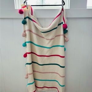 Anthropologie Cream and Pink Knit Throw with Pom Pom